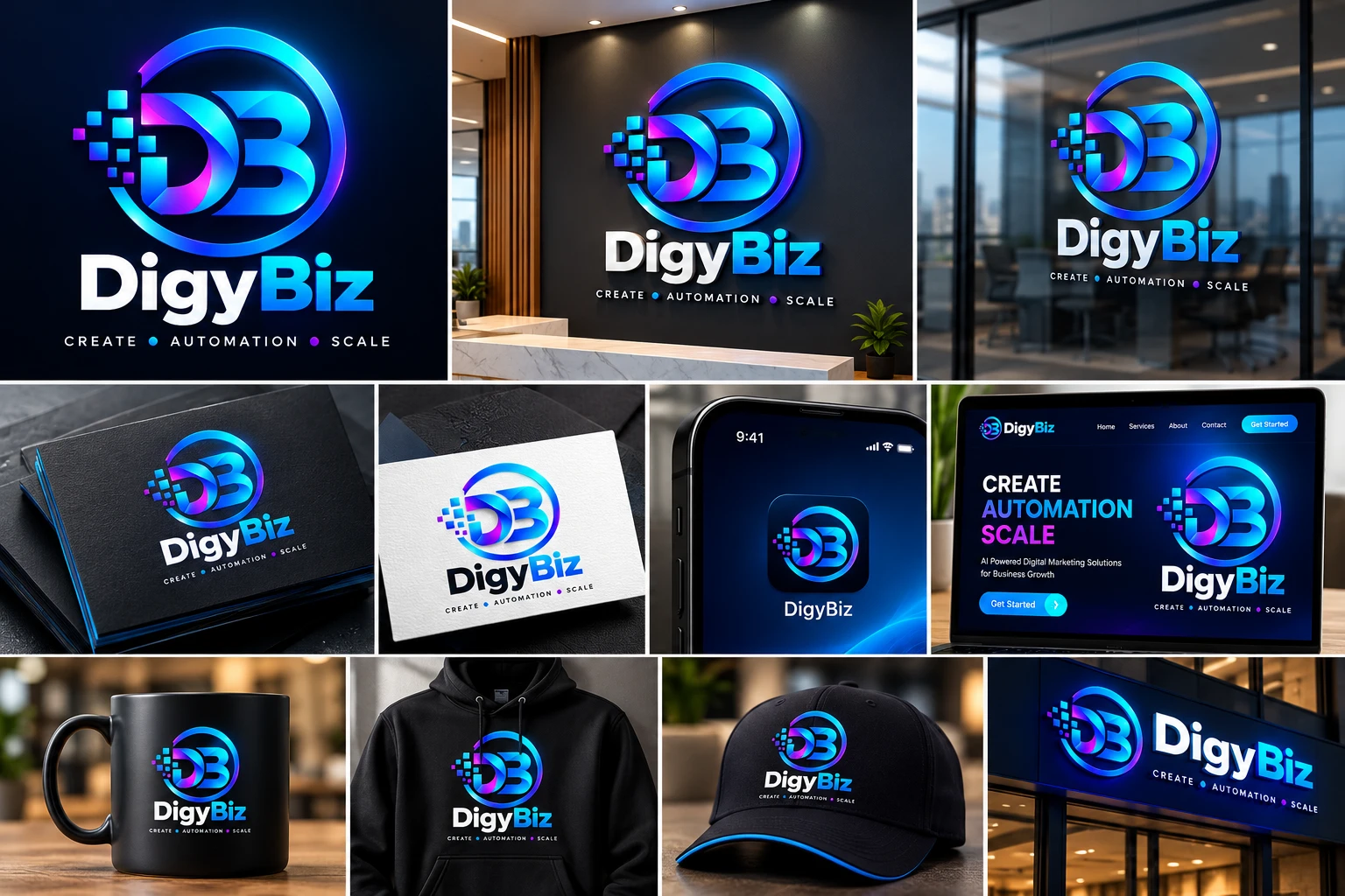 DigyBiz brand identity shown on signage, business cards, mobile app, website, mug, hoodie and cap